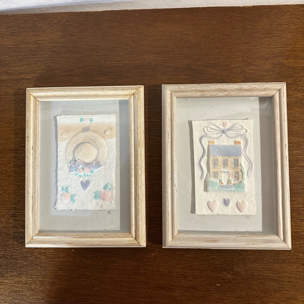 Vtg 1990 Hand Cast, Paper Wall Art. 8x6. Set of 2